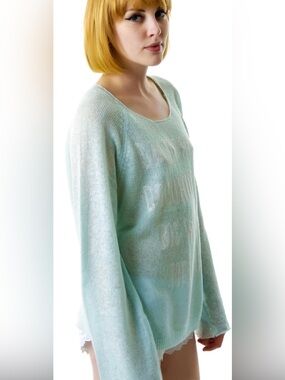 Wildfox Sz XS Blue Salty Hair Penny Lane Writing Relaxed Casual Sweater
